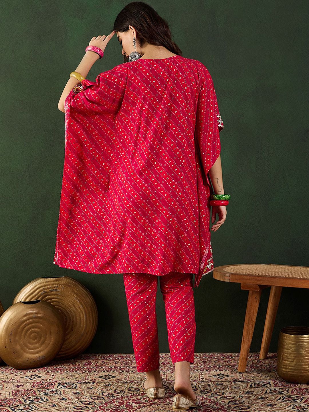 Red Bandhani Printed Regular Mirror Work Kaftan Kurta With Trouser 5