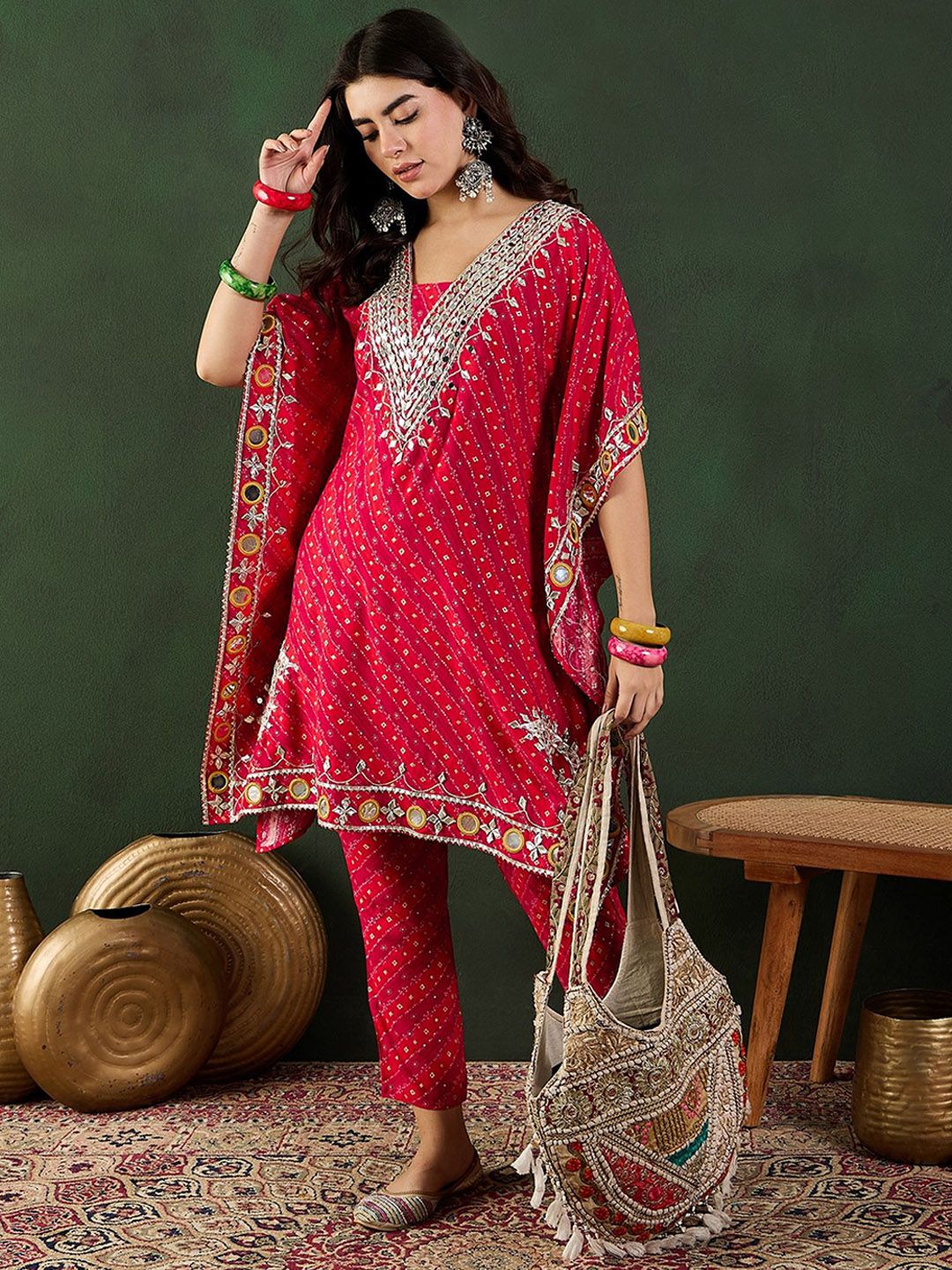 Red Bandhani Printed Regular Mirror Work Kaftan Kurta With Trouser 6