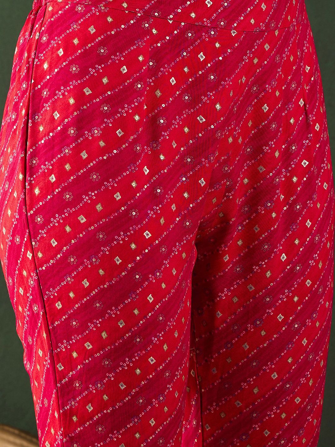 Red Bandhani Printed Regular Mirror Work Kaftan Kurta With Trouser 3
