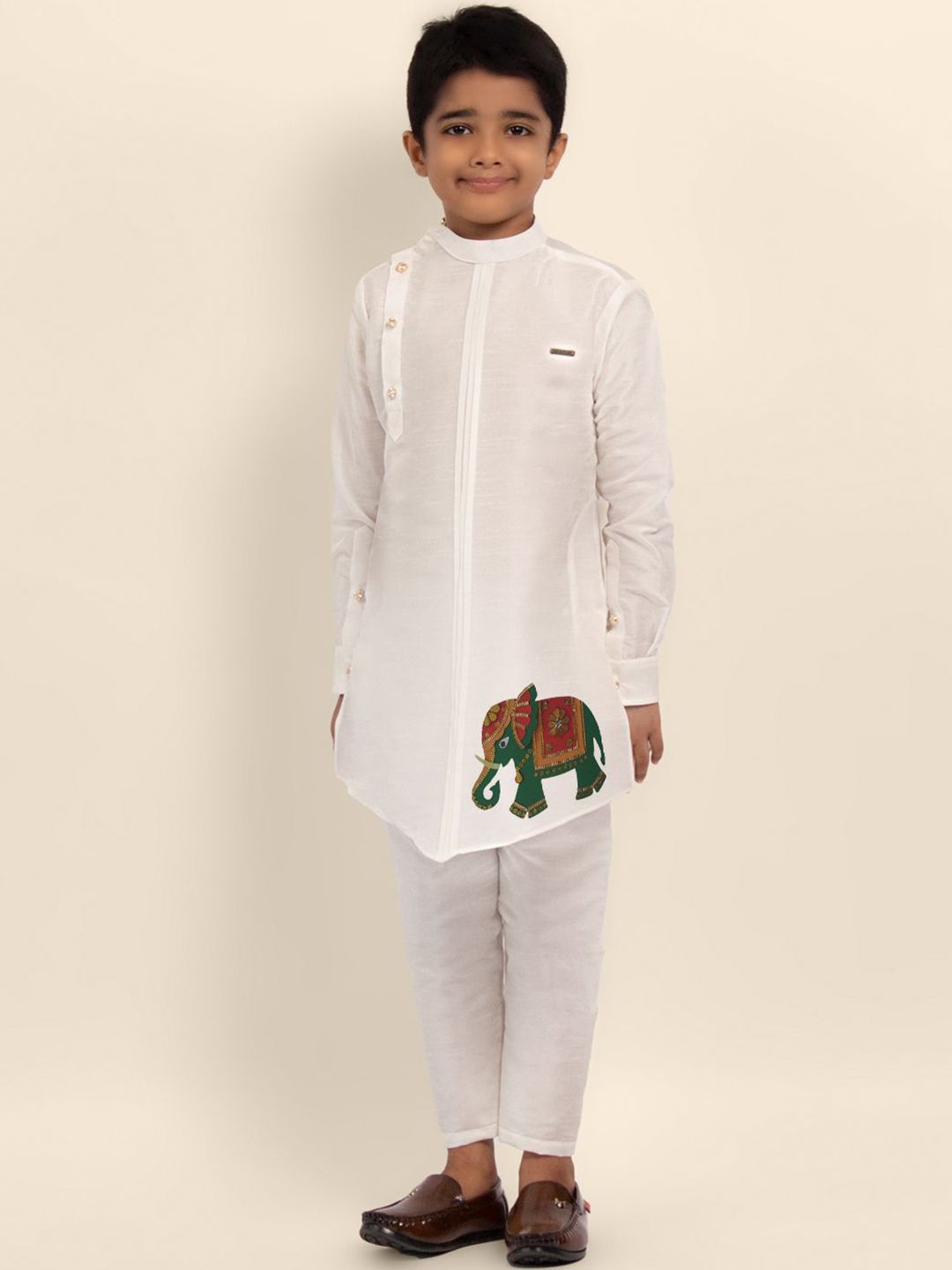 DEVOILER Boys Animal Printed Mandarin Collar Straight Silk Kurta