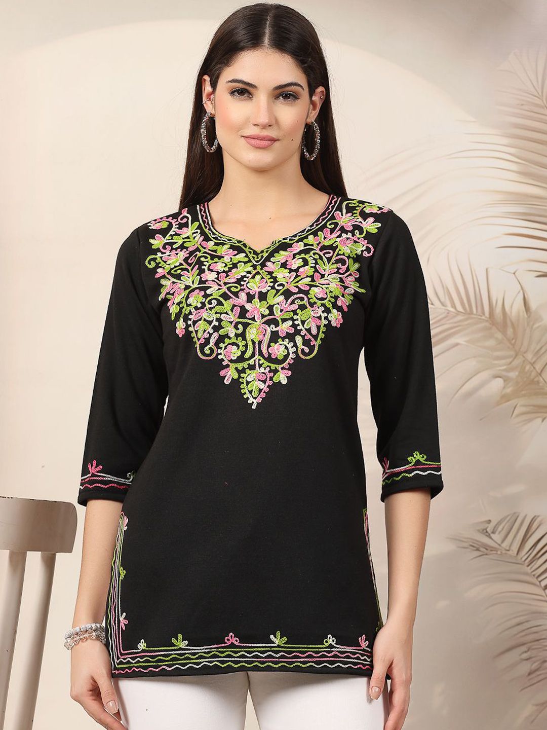 Clora Creation Floral Embroidered Sweetheart Neck Woollen Straight Kurta