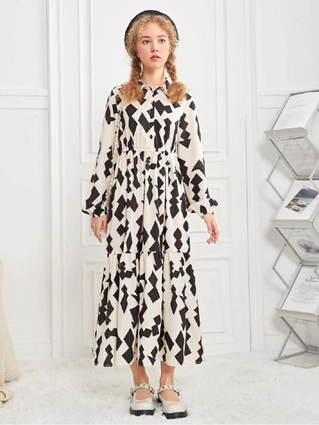 Miss & Chief Girls Cotton Geometric Printed Shirt Collar Fit & Flare Maxi Dress