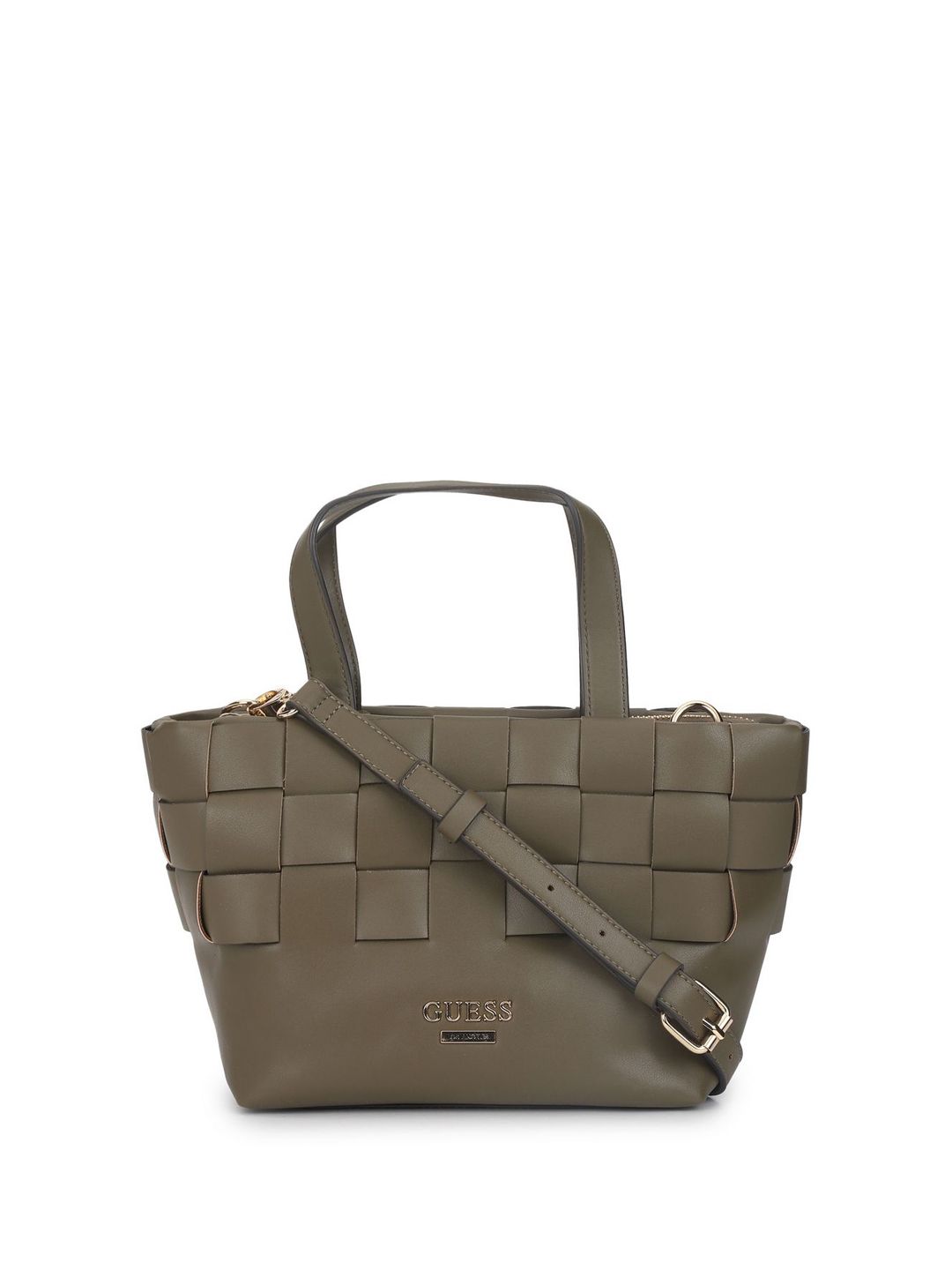 GUESS Braided Solid Buckle Detail Medium Structured Satchel Bag