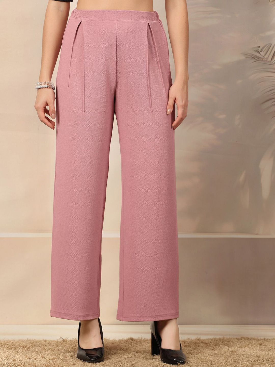 aayu Women Relaxed Flared High-Rise Easy Wash Pleated Trousers
