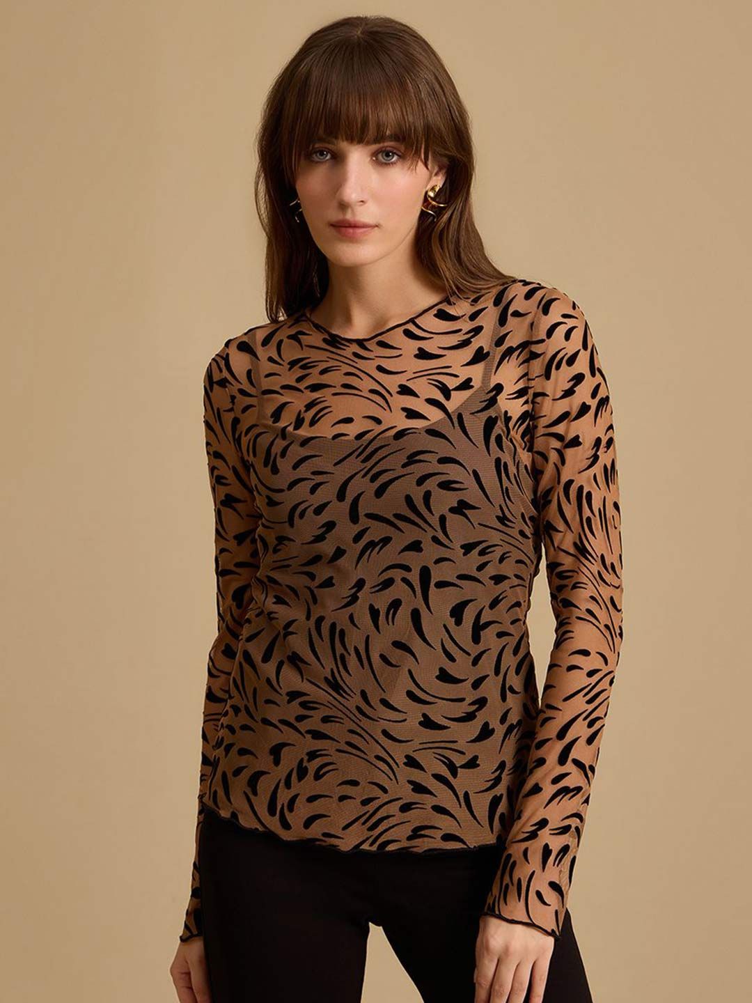 Kazo Women Round Neck Long Sleeves Semi Sheer Top