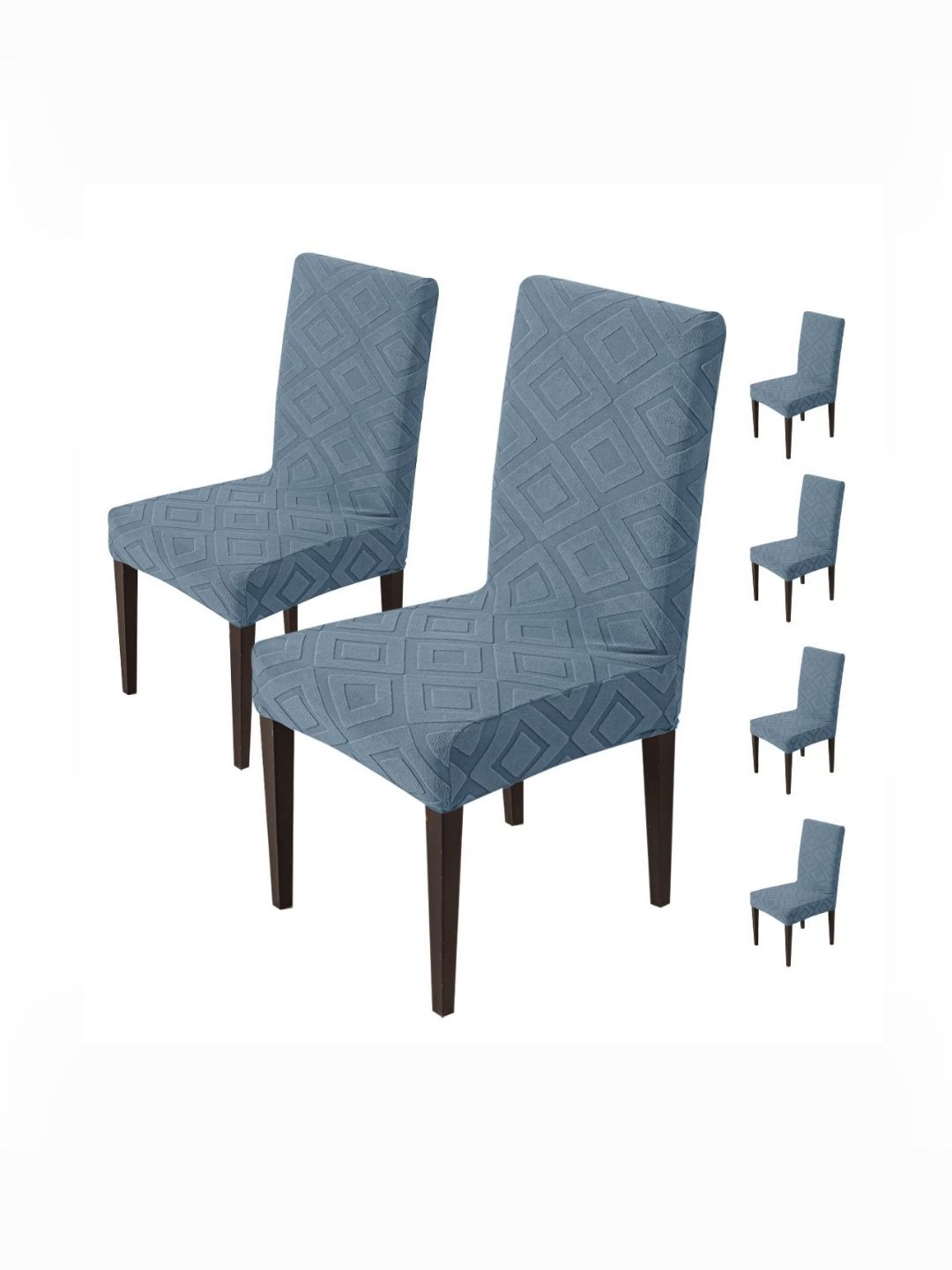 HOUSE OF QUIRK Set Of 6 Blue Jacquard Diamond Washable 220 GSM Chair Covers