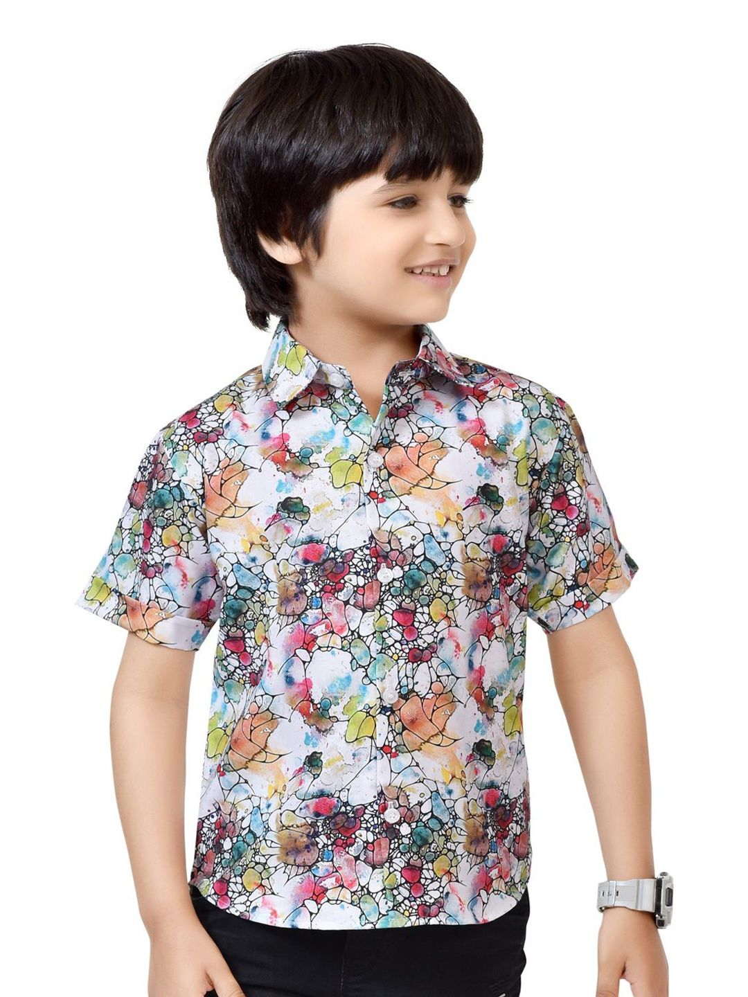 BAESD Boys Comfort Spread Collar Floral Printed Cotton Casual Shirt
