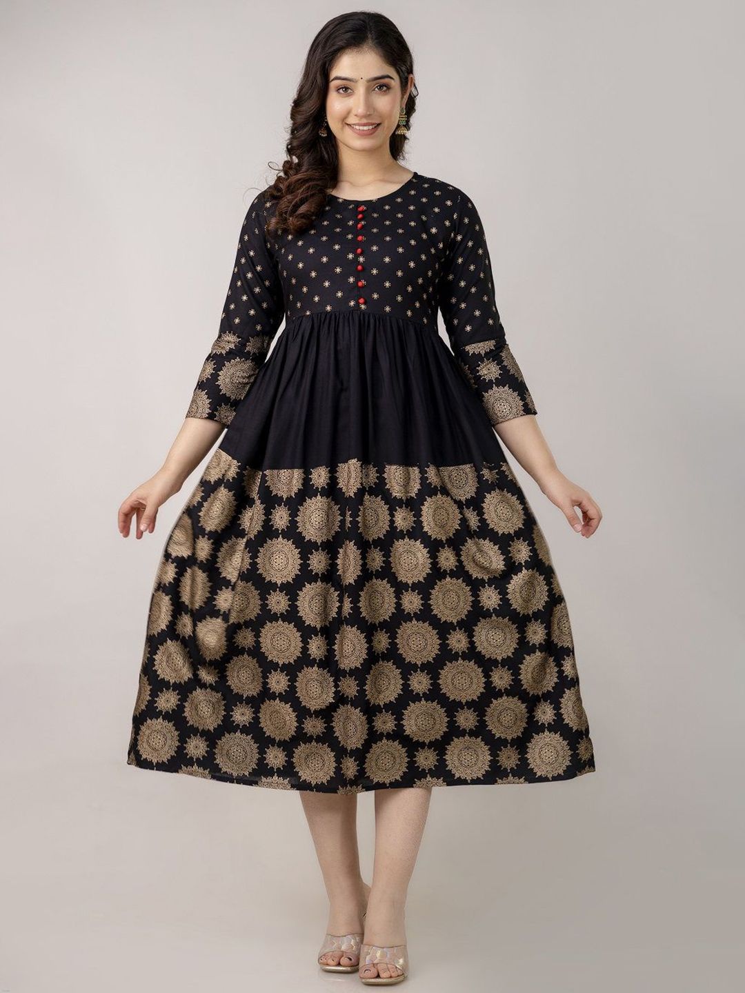 SUNEKH Printed Midi-Length Fit and Flare Ethnic Dresses