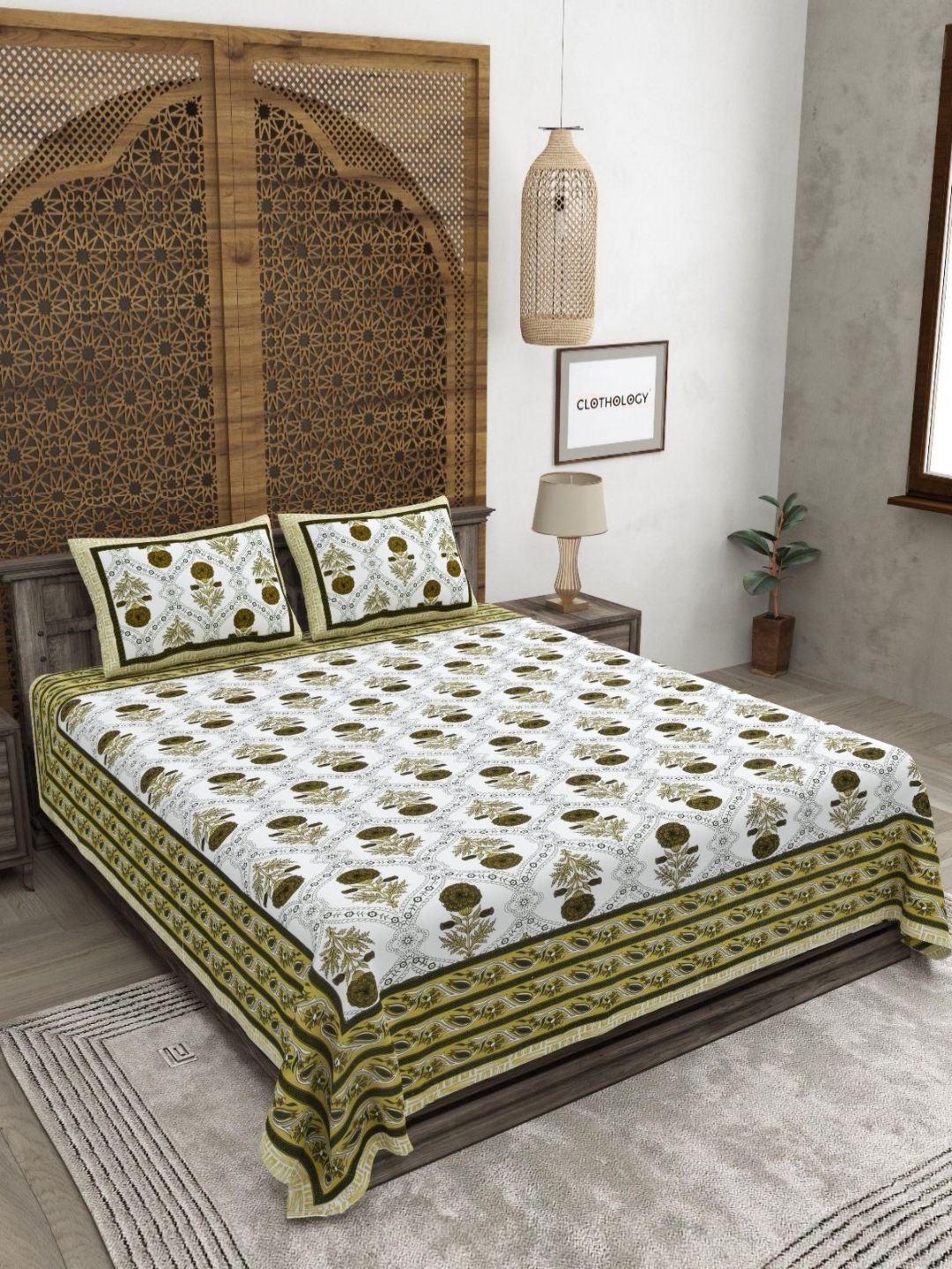 Buy CLOTHOLOGY Olive Moss Floral Buta Gulzar Edit 180 TC Cotton King Bedsheet With 2 Pillow Cover -  - Home for Unisex