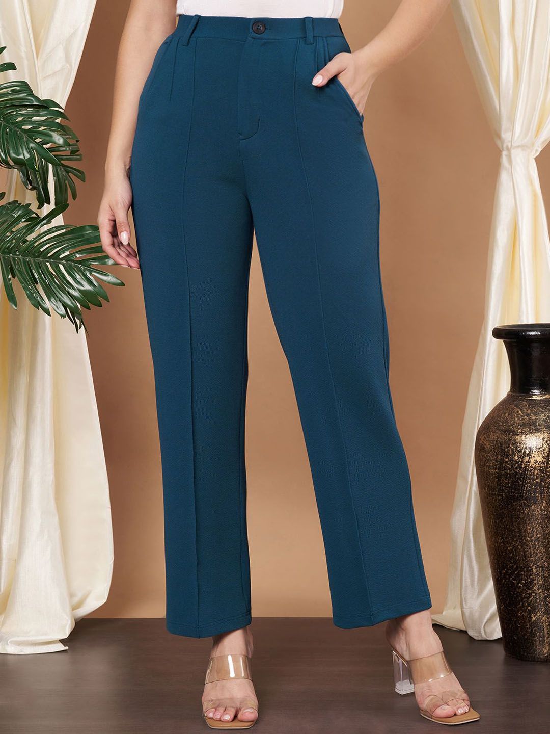 Slenor Women Relaxed Straight Fit High-Rise Easy Wash Trousers
