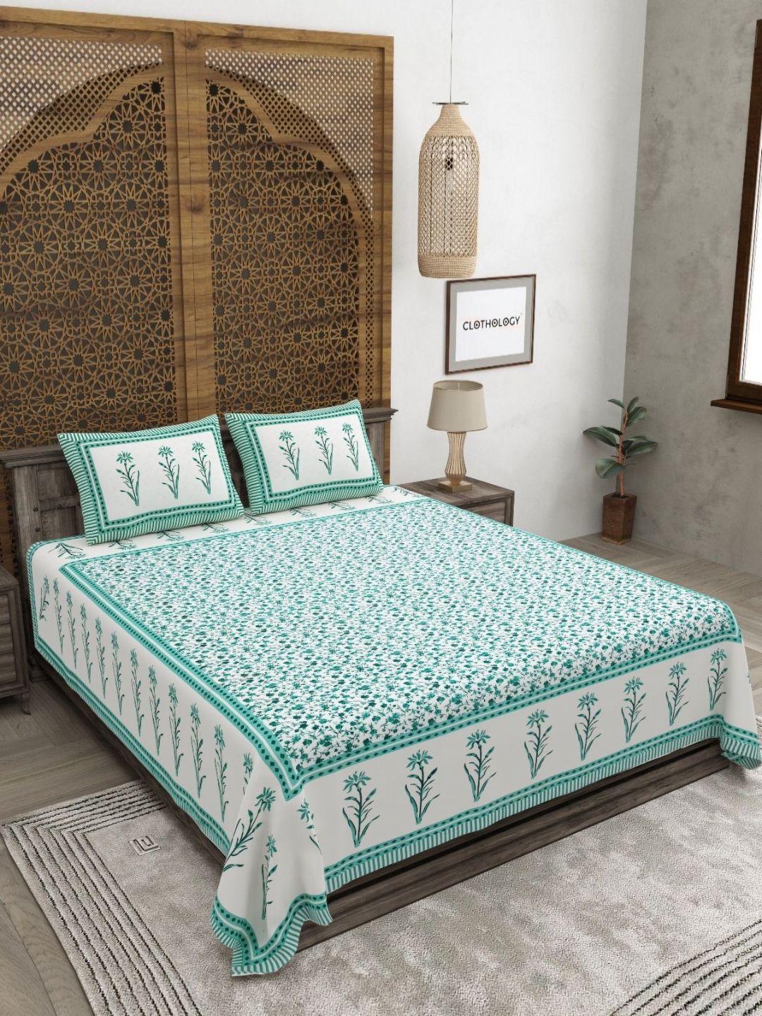 Buy CLOTHOLOGY Emerald Teal Dainty Floral The Gulshan Edit 180 TC Cotton King Bedsheet With 2 Pillow Cover -  - Home for Unisex