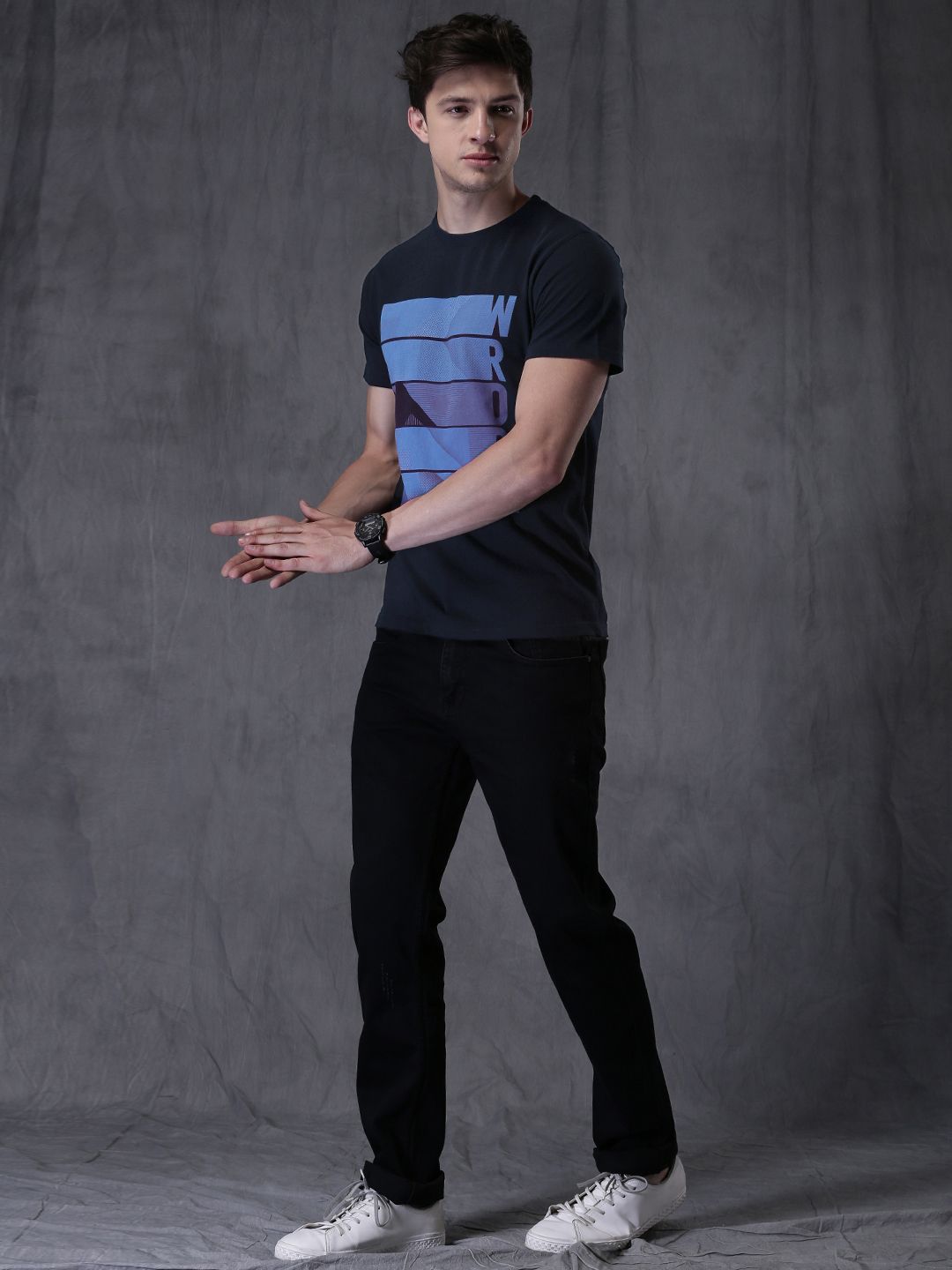 WROGN Men Navy Printed  Cotton T-shirt
