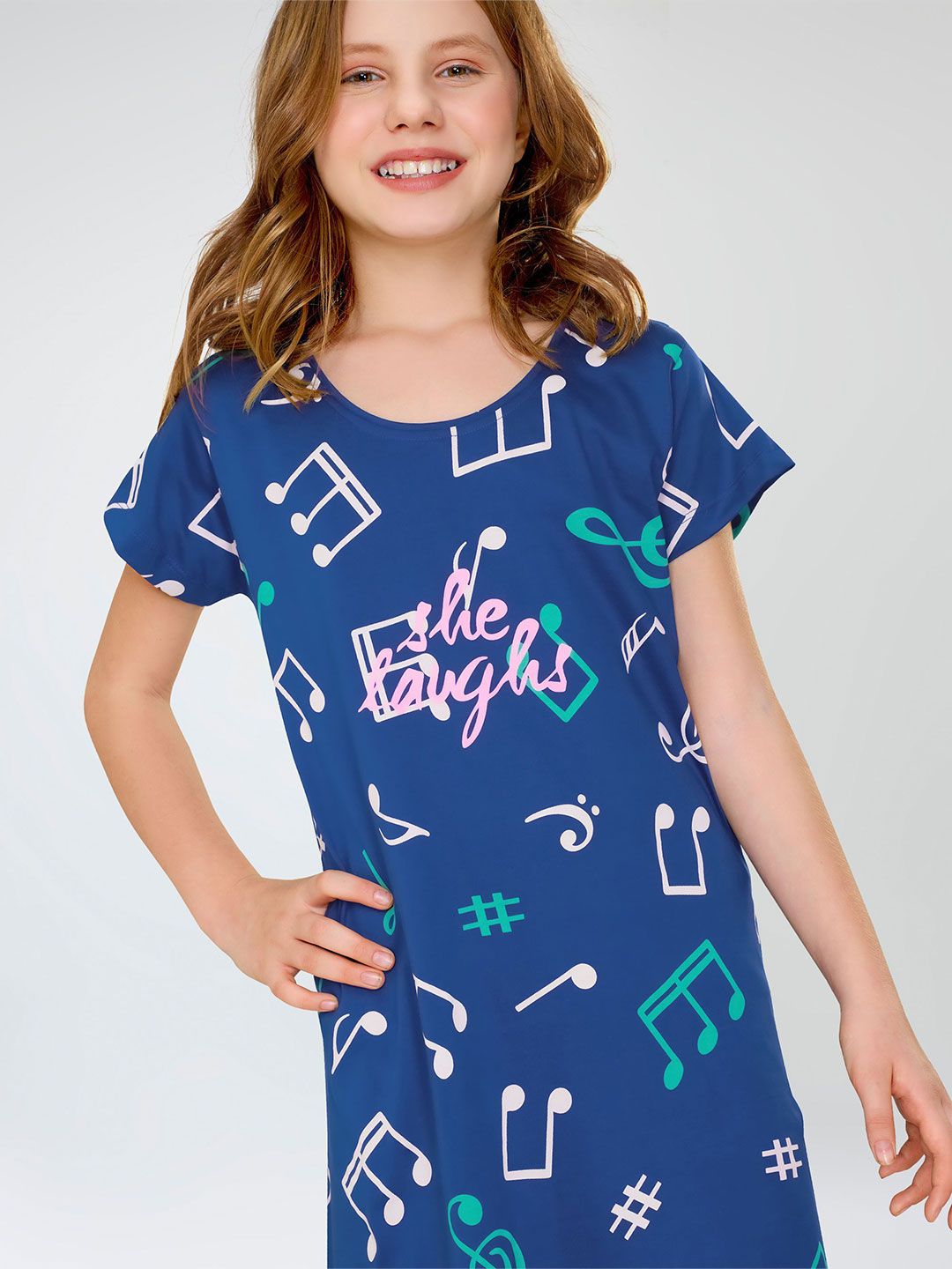 Girls Pure Cotton Graphic Printed Round Neck Nightdress 2