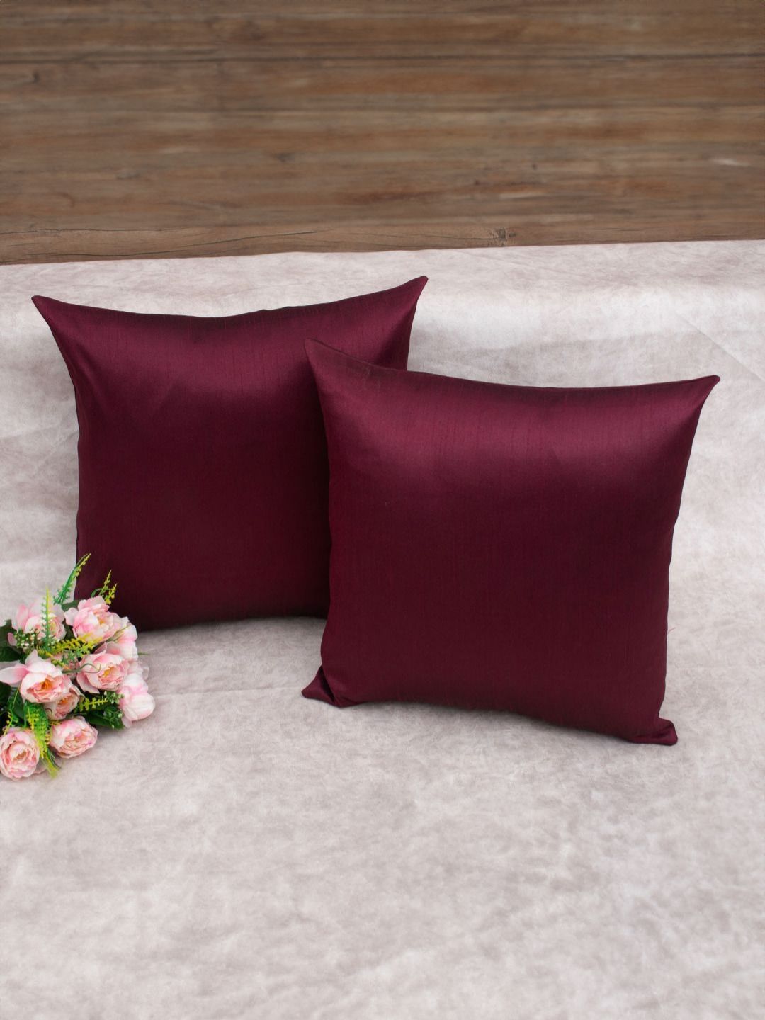 RoyalDeco Burgundy Silk Durable 2 Piece Square Cushion Covers - 12 x 12 Inches