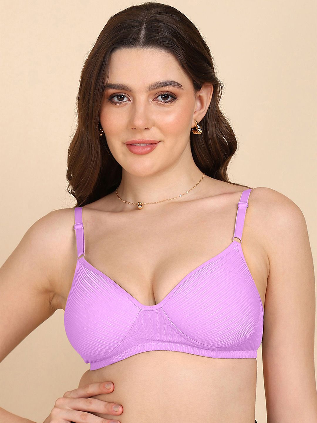 KOMLI Striped Full Coverage Lightly Padded Non-Wired T-shirt Bra - All Day Comfort