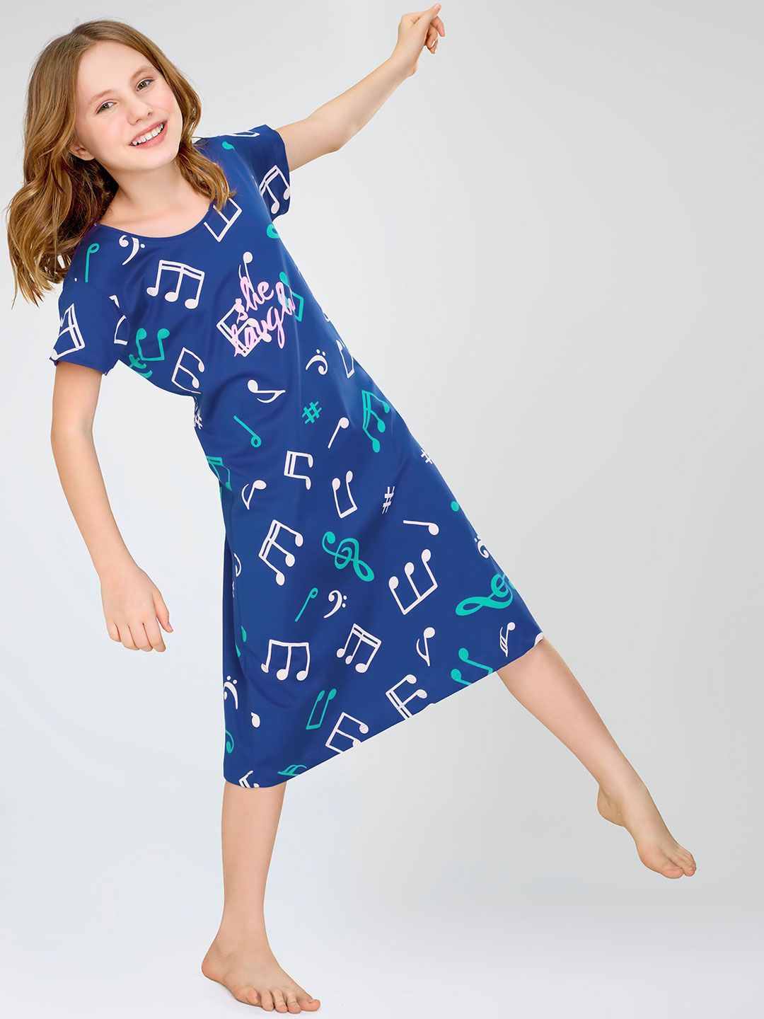 Girls Pure Cotton Graphic Printed Round Neck Nightdress 5