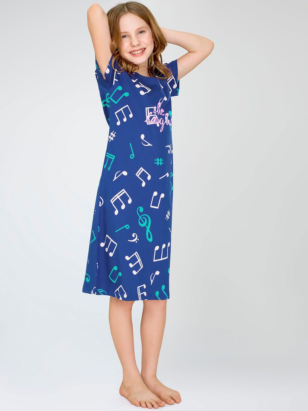 Girls Pure Cotton Graphic Printed Round Neck Nightdress 3