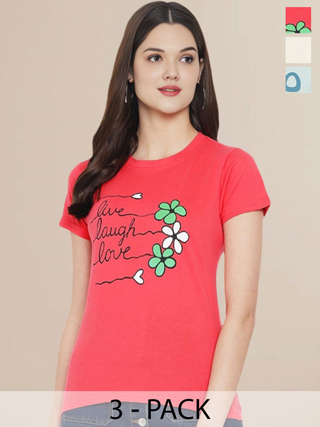 Metronaut Women Pack Of 3 Typography Printed Round Neck Cotton T-shirts