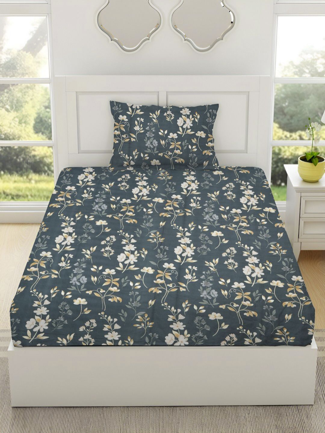 RRC Grey Floral Microfiber 144 TC Single Bedsheet with a Pillow Cover-60 x 90 inches