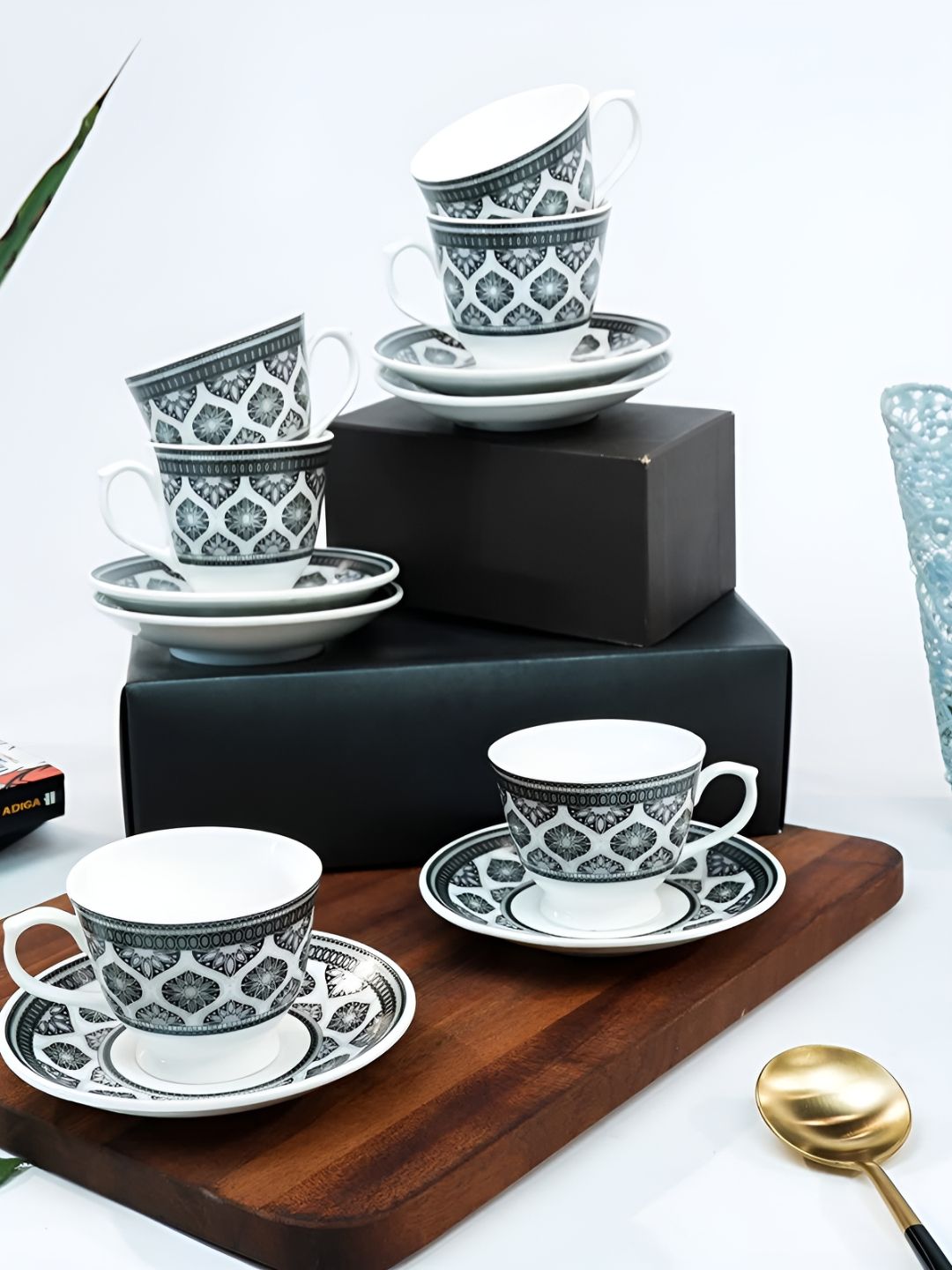 UPC Premium Mesh Design White Ethnic Motifs Ceramic Microwave Safe 12 Piece Cups-180ml