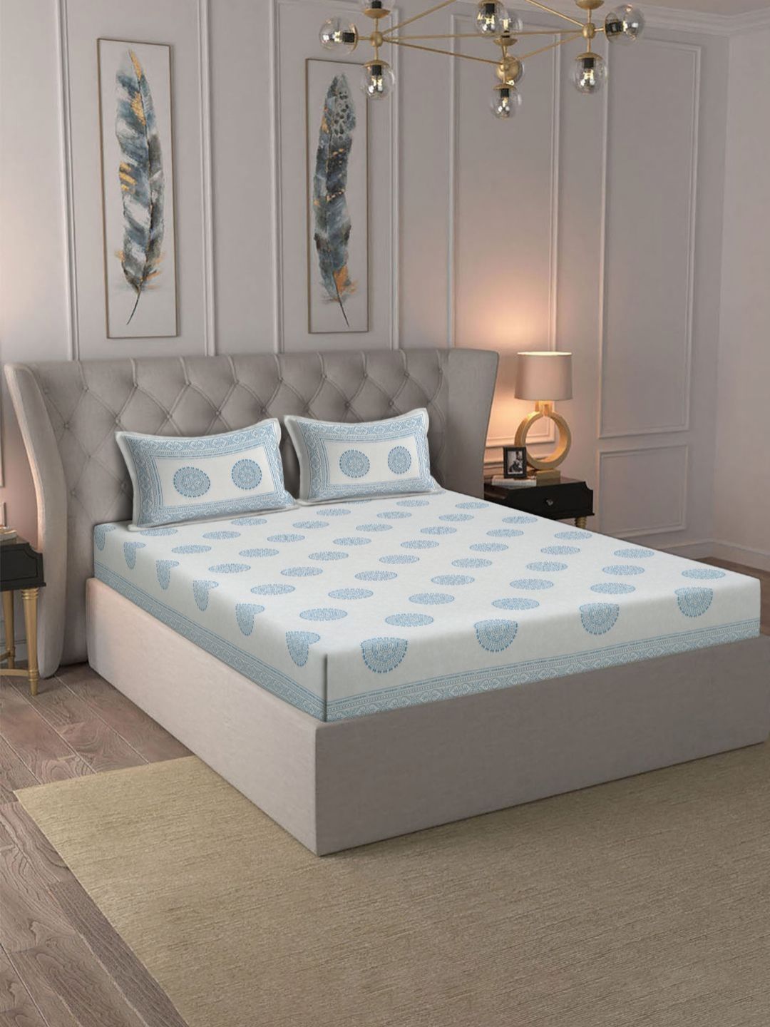 eyda Mausam White Ethnic Motifs Cotton 180 TC King Fine Bedsheet with 2 Pillow Covers-98 x 106 inches