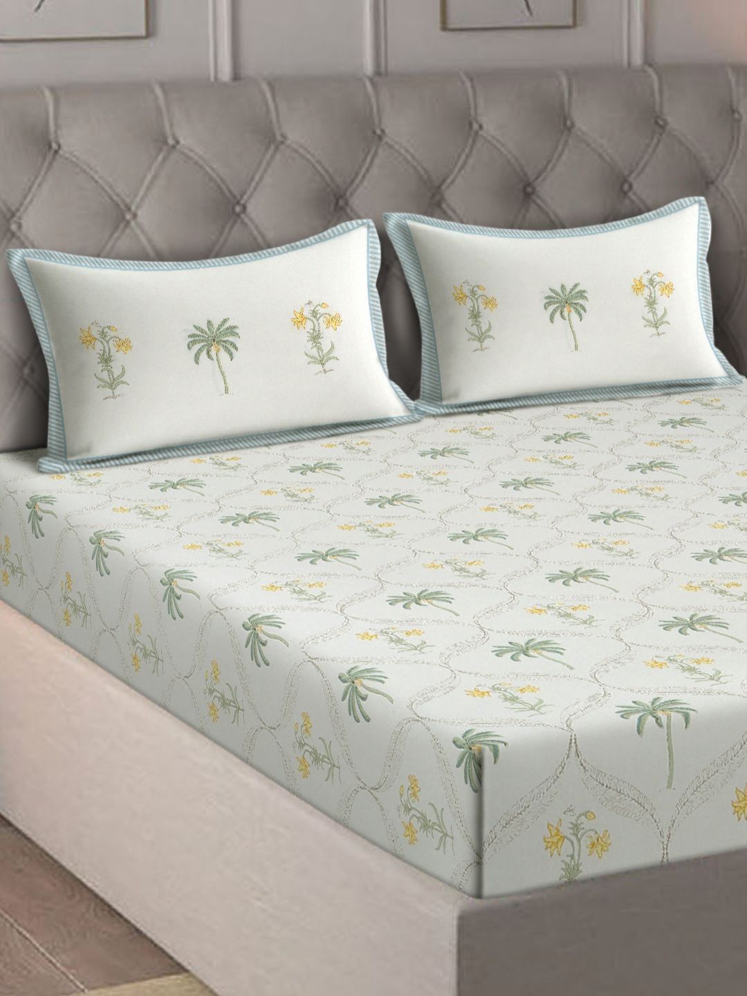 eyda Mausam Cream Floral Cotton 180 TC Fitted Super King Fine Bedsheet with 2 Pillow Covers-98 x 106 inches