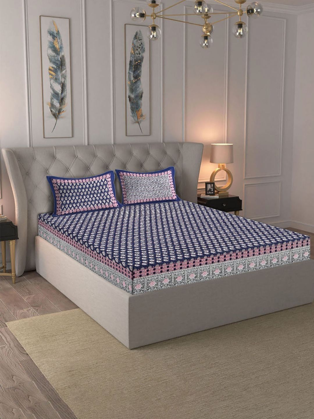 eyda Mausam Navy Blue Floral Pure Cotton 180 TC Super King Fine Bedsheet with 2 Pillow Covers-98 x 106 inches