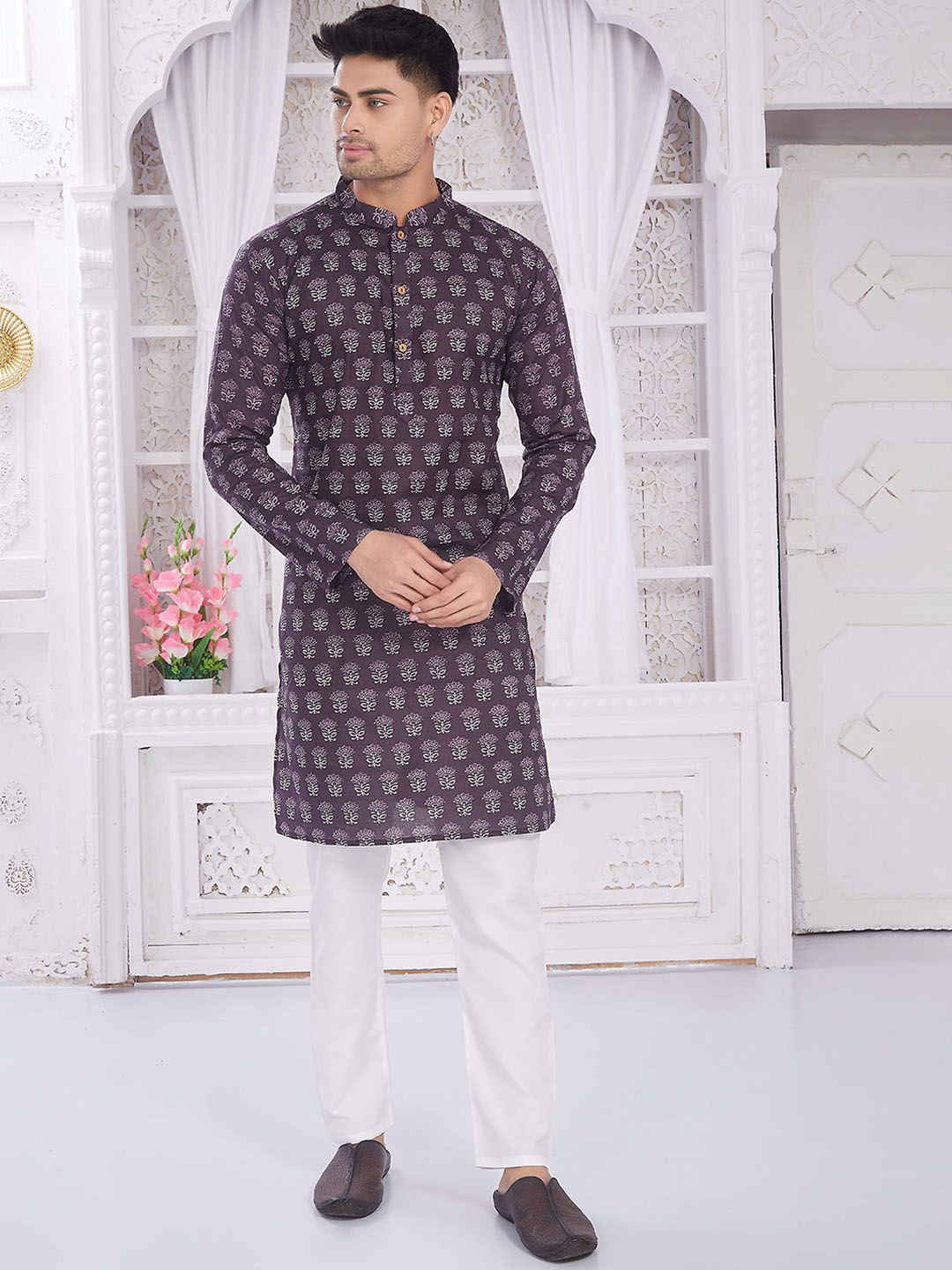 DIVISIVE Floral Block Printed Mandarin Collar Pure Cotton Straight Kurta