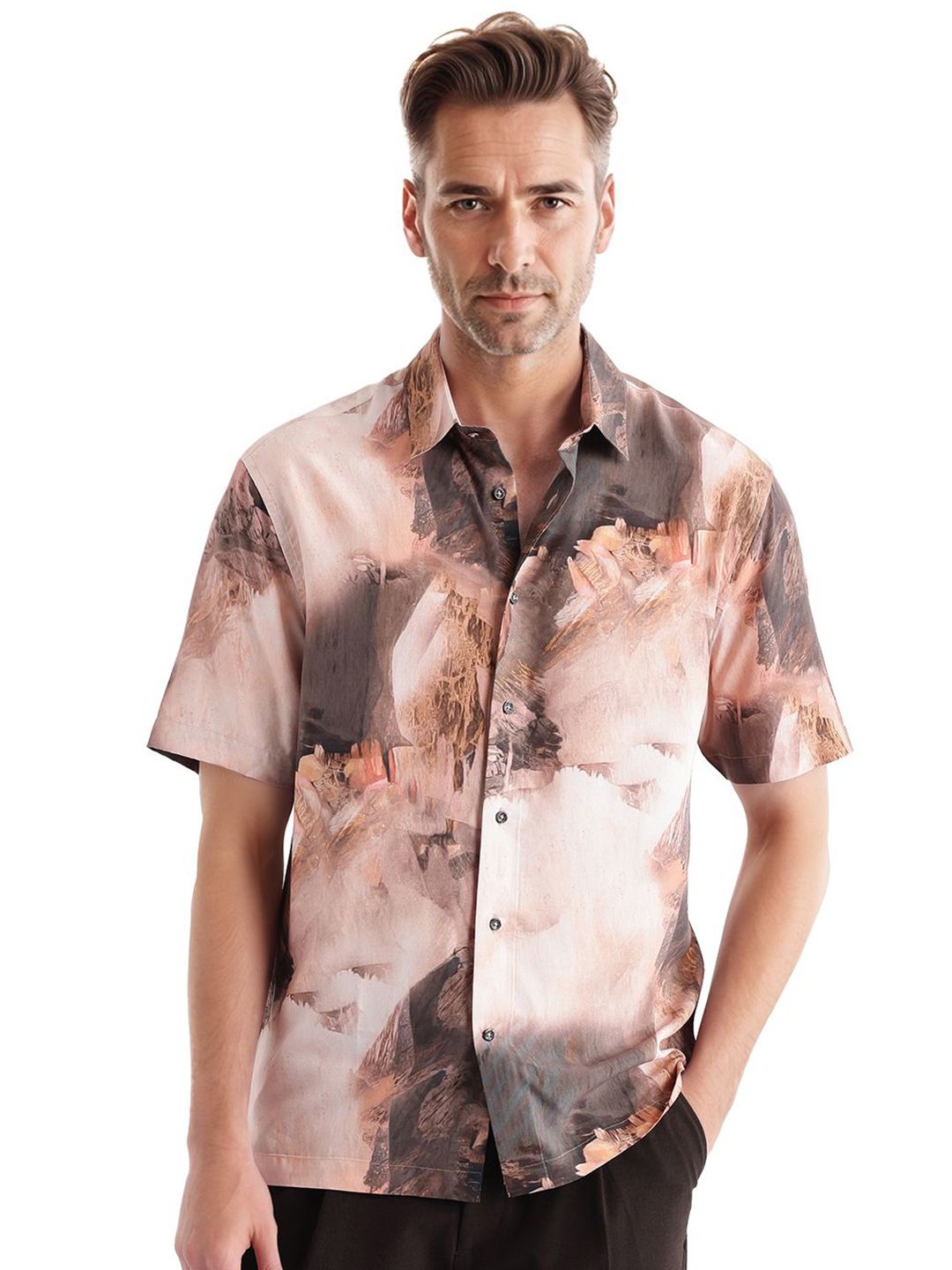 RARE RABBIT Painter Abstract Viscose Rayon Short Sleeves Slim Fit Shirt