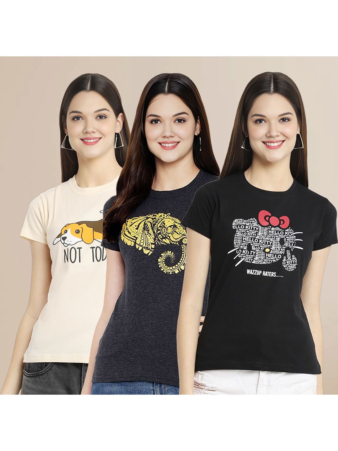 Metronaut Women Pack Of 3 Typography Printed Round Neck Cotton T-shirts