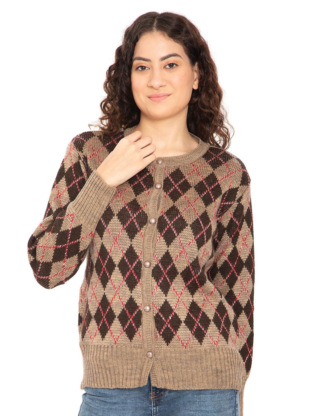 HAUTEMODA Women Checked Round Neck Long Sleeves Woollen Cardigan