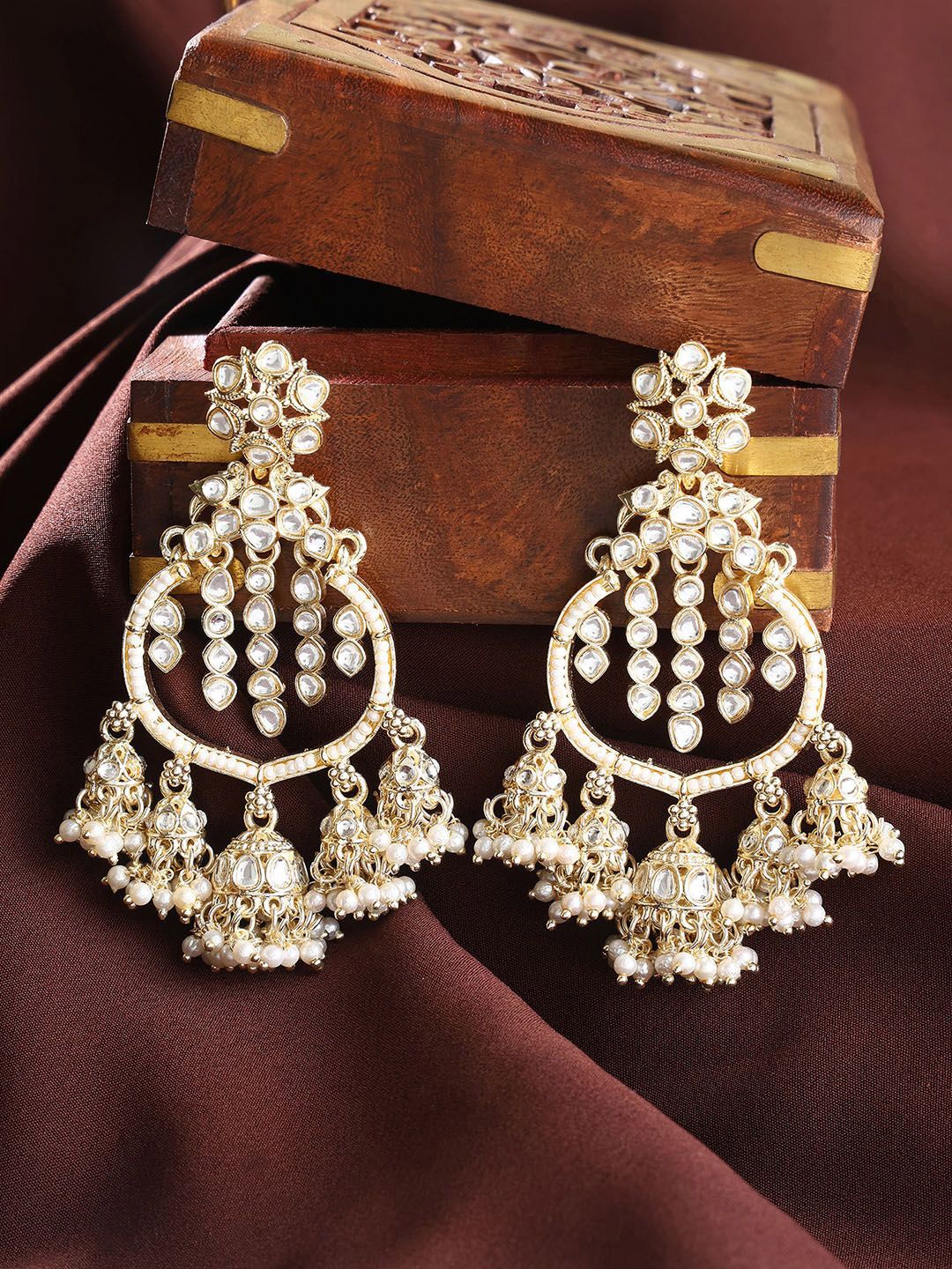 Priyaasi Gold-Plated Kundan Stone Studded & Pearls Beaded Contemporary Chandbalis