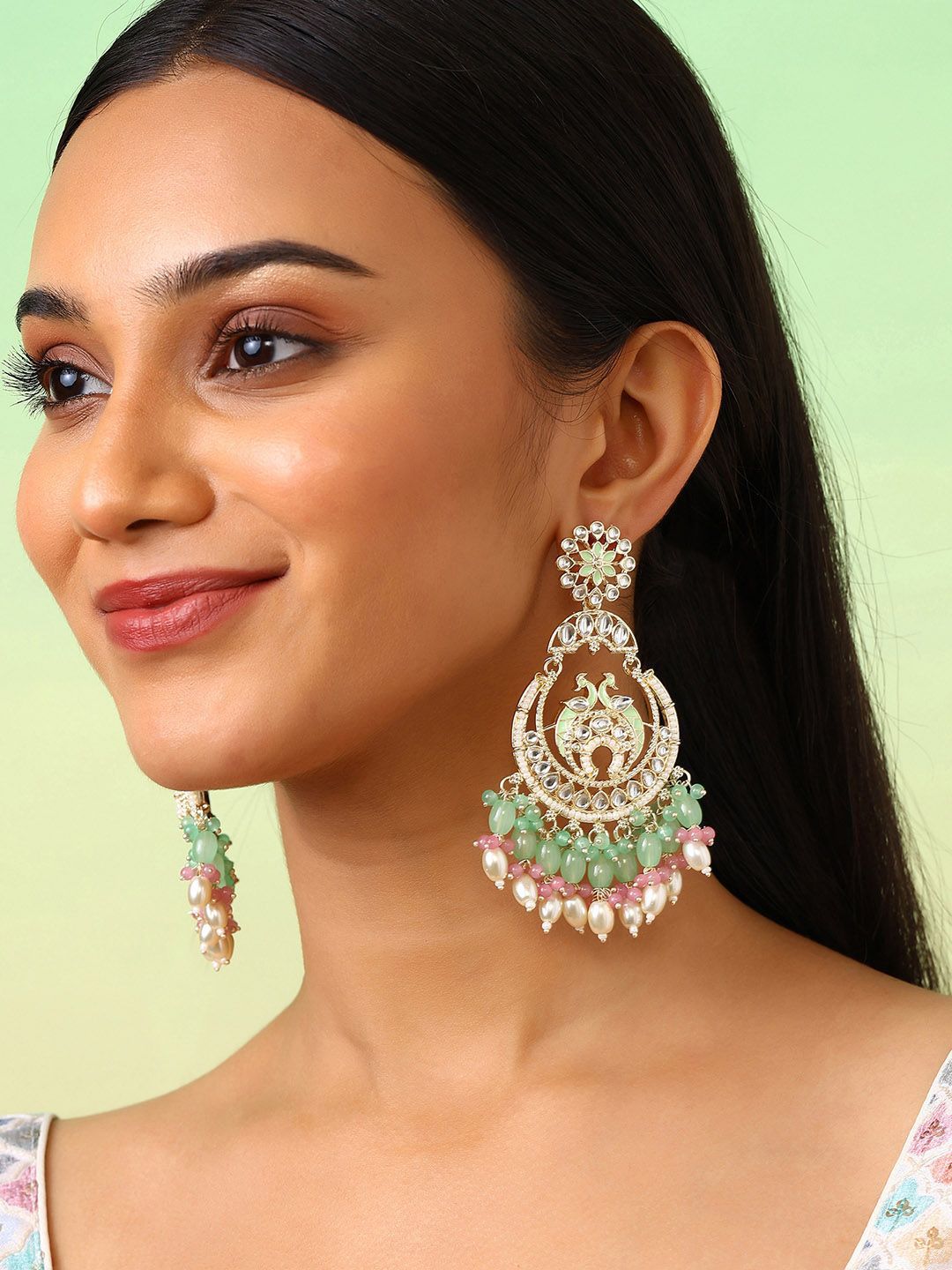 Priyaasi Gold-Plated Twin Peacocks Kundan Stone Studded & Pearls Beaded Chandbalis