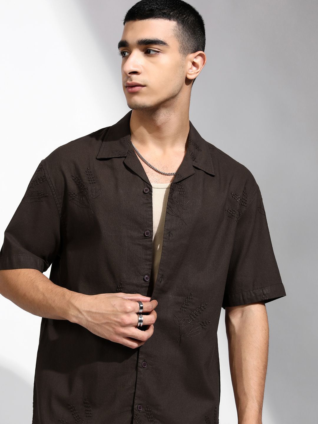 Highlander Men Brown Embroidered Cuban Collar Oversized Shirt