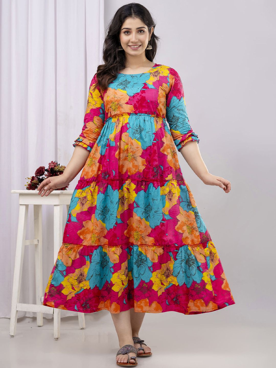 VARICOS Pure Cotton Printed Pregnancy Wear Maternity Maxi Dress With Nursing Zipper