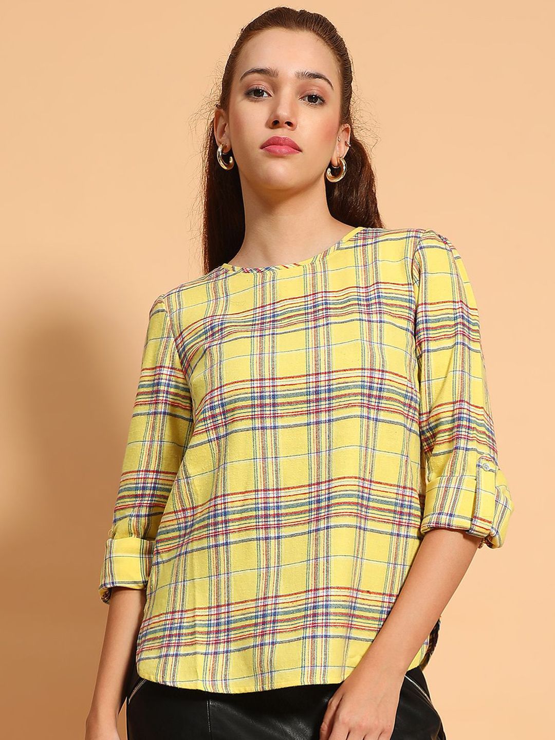 Oxolloxo Checked Roll-Up Sleeves Cotton Top