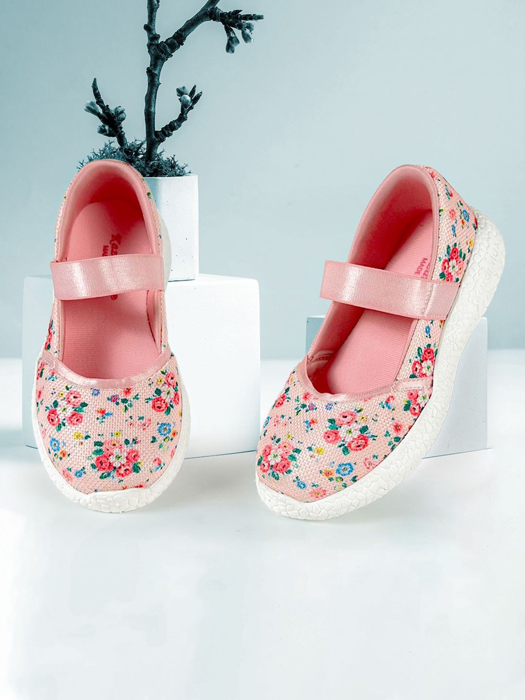KazarMax Girls Peach Floral Printed Mesh Lightweight Slip-On Flat Ballerina