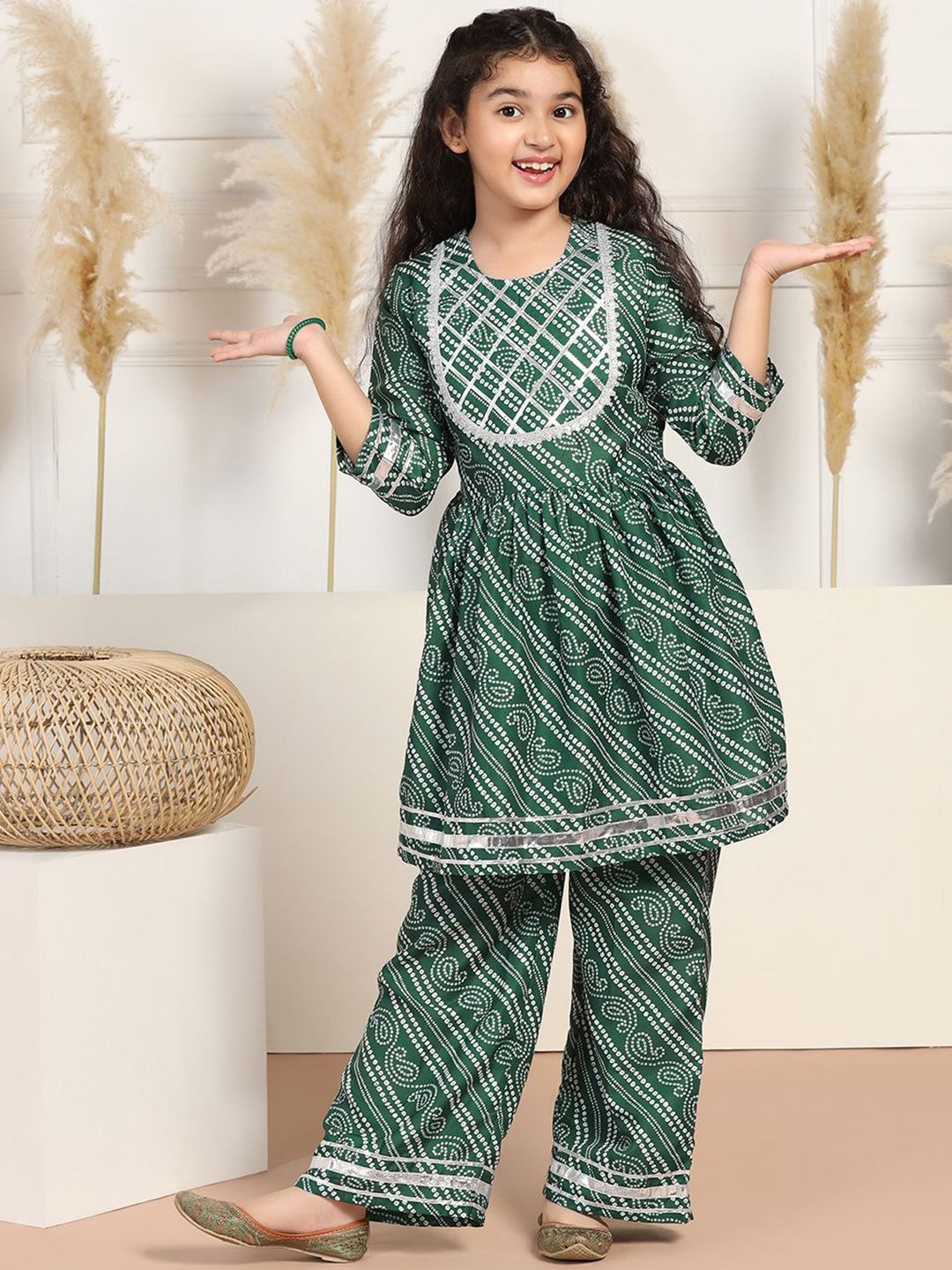 BAESD Girls Bandhani Printed Regular Gotta Patti A-Line Kurta with Trousers