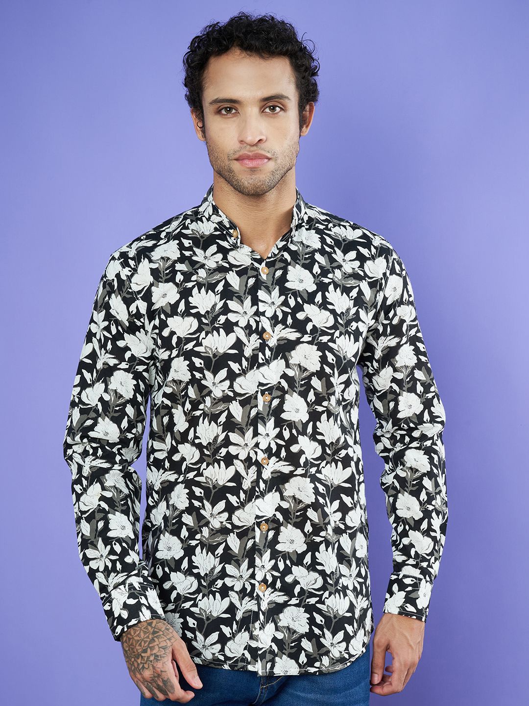 COTLAND FASHION Men Premium Mandarin Collar Floral Printed Cotton Casual Shirt