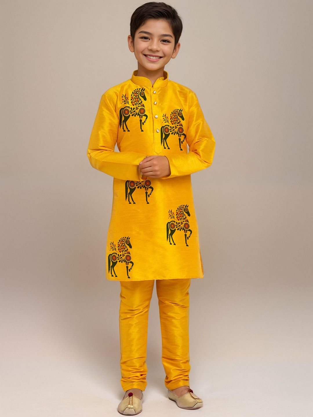 DEVOILER Boys Yellow Conversational Printed Mandarin Collar Dupion Silk Straight Kurta