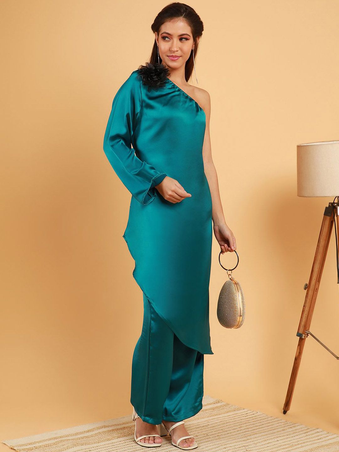 QISSA Floral Green One Shoulder Neck Long Sleeve Top With Trouser Co-Ord Set