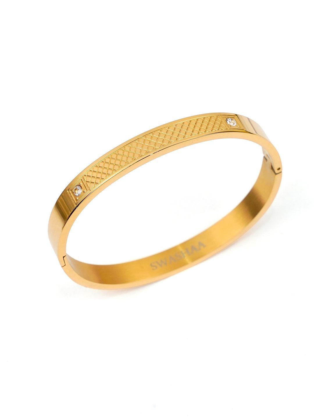 SWASHAA Men Hector Stainless Steel Cubic Zirconia Gold-Plated Kada Bracelet