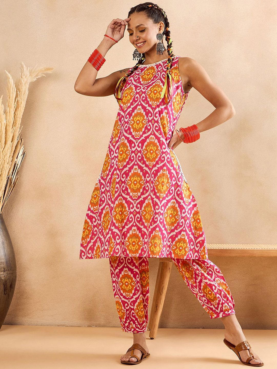 WineRed Ethnic Motifs Printed Round Neck Sleeveless Pure Cotton Top With Trouser