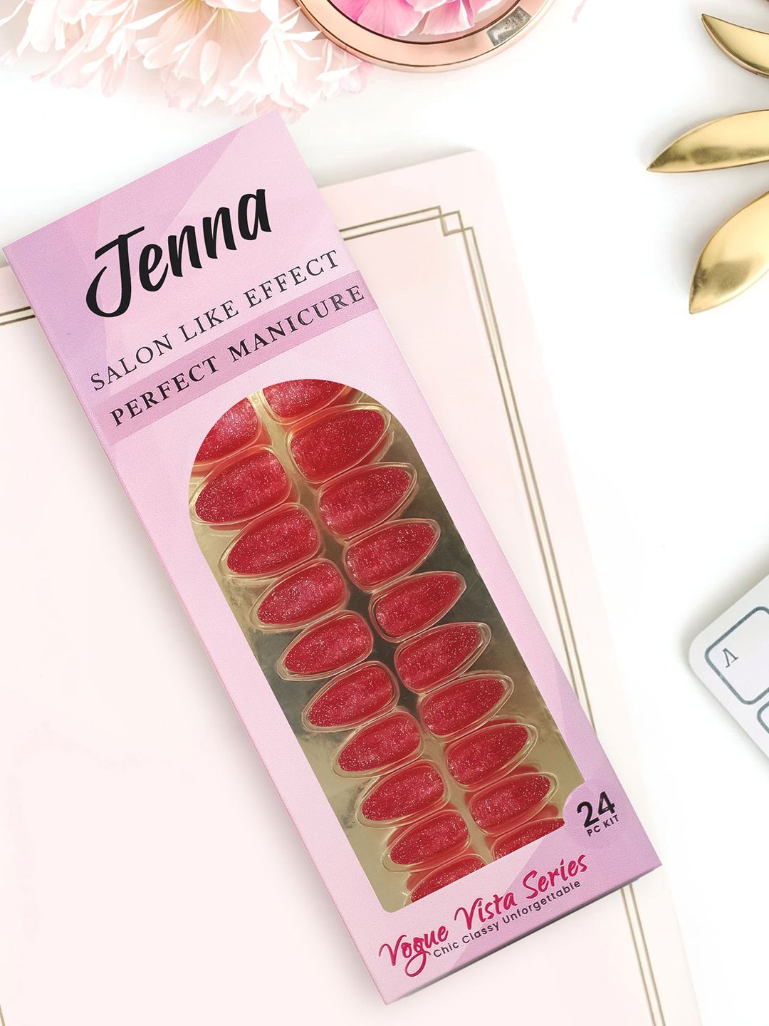 JENNA 24 Pcs French Tip Almond Shape Press-On Acrylic Artificial Nails - Red