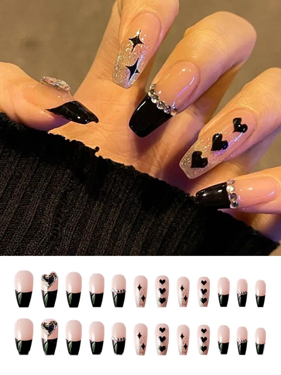 Secret Lives 24 Pcs Translucent 3D Heart Studded Fake Nails - Black