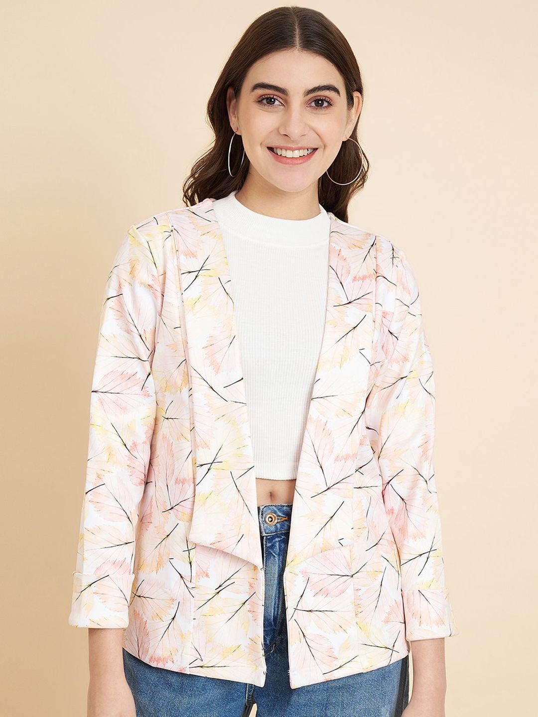 Fbella Leaf Printed Shawl Collar Open Front Jacket Shrug