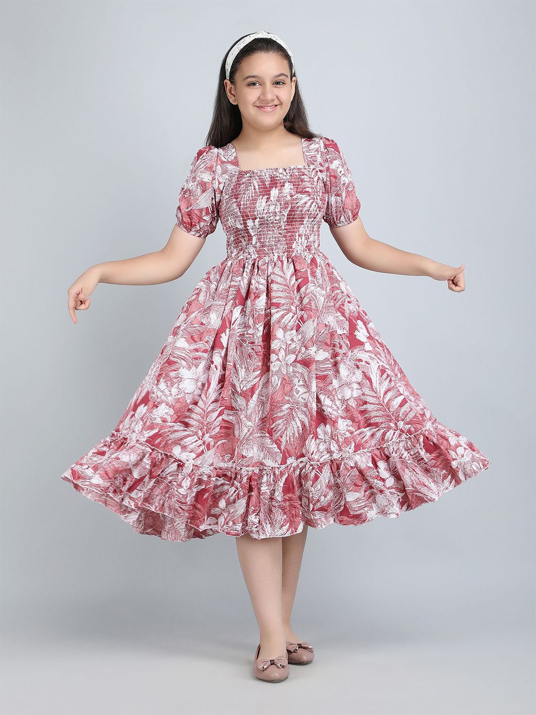 DEKLOOK Girl Puff Sleeve Crepe Formal Fit & Flare Midi Dress