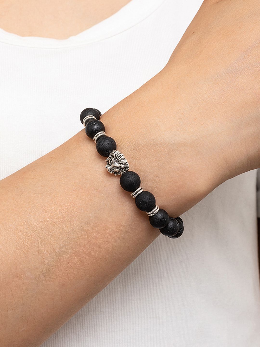 Designs & You Men Silver-Plated Beaded Elasticated Bracelet