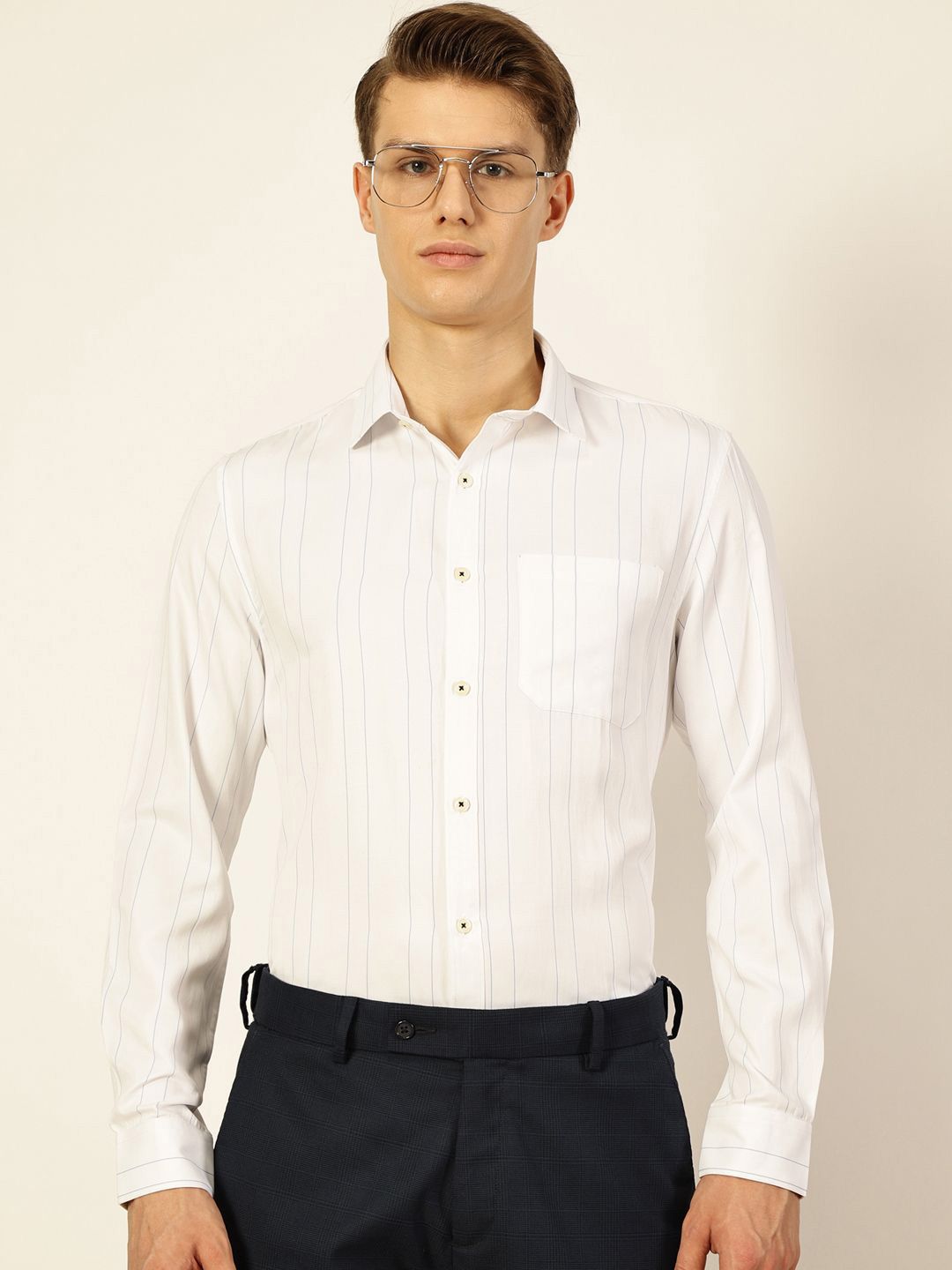 Thomas Scott Men Smart Spread Collar Vertical Striped Cotton Formal Shirt