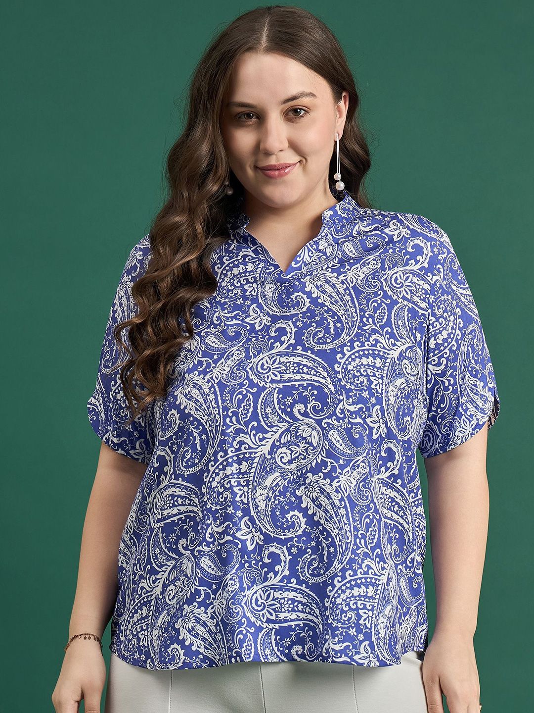 DressBerry Curve Women Plus Size Printed Mandarin Collar Top